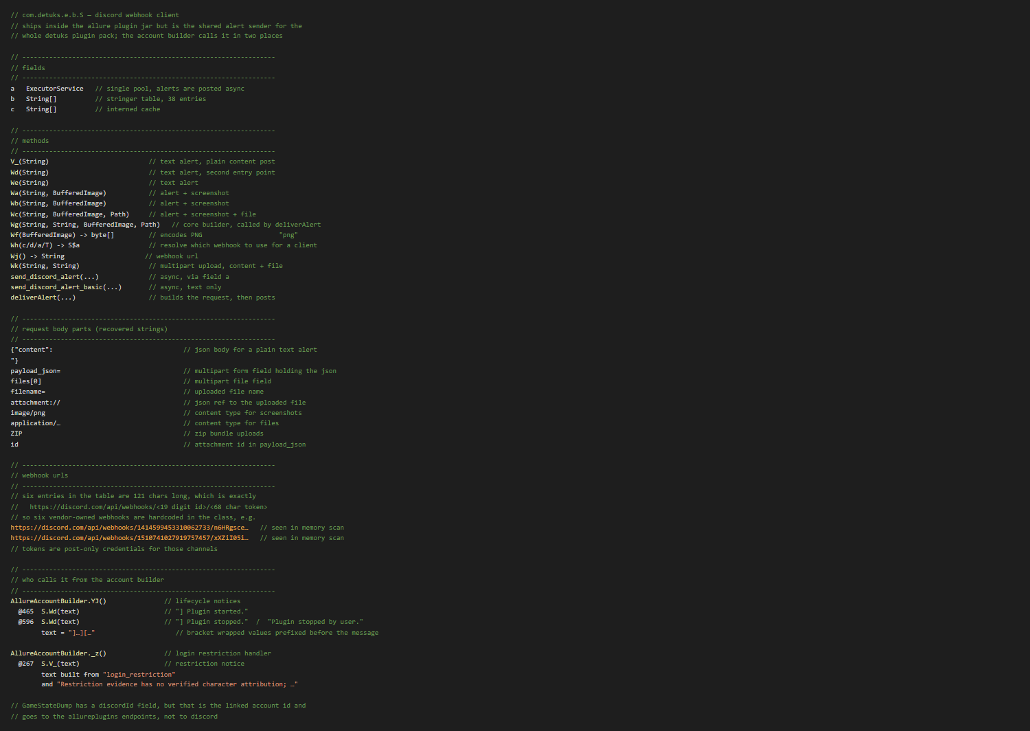Annotated decompile of com.detuks.e.b.S: fields, method surface including screenshot and file upload overloads, recovered multipart body parts, six hardcoded vendor webhooks, and the two call sites from AllureAccountBuilder YJ and _z