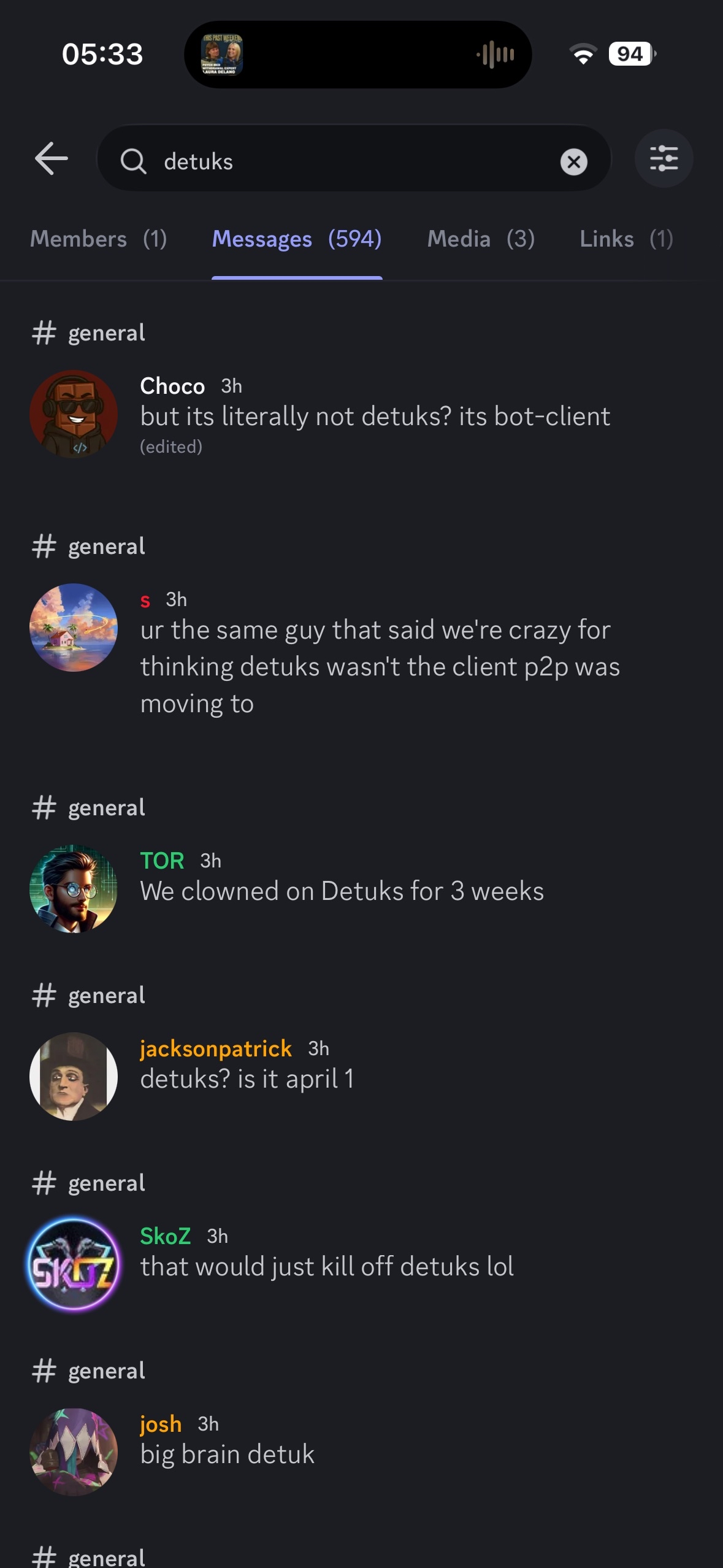 Mobile Discord chat: Choco saying 'but its literally not detuks? its bot-client', TOR saying 'We clowned on Detuks for 3 weeks', jacksonpatrick saying 'detuks? is it april 1', SkoZ saying 'that would just kill off detuks lol', josh saying 'big brain detuk'